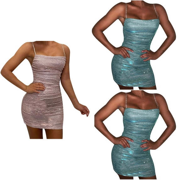 Antinious Women Camis Sleeveless Round Neck Solid Sequin Backless Casual Bodycon Dress