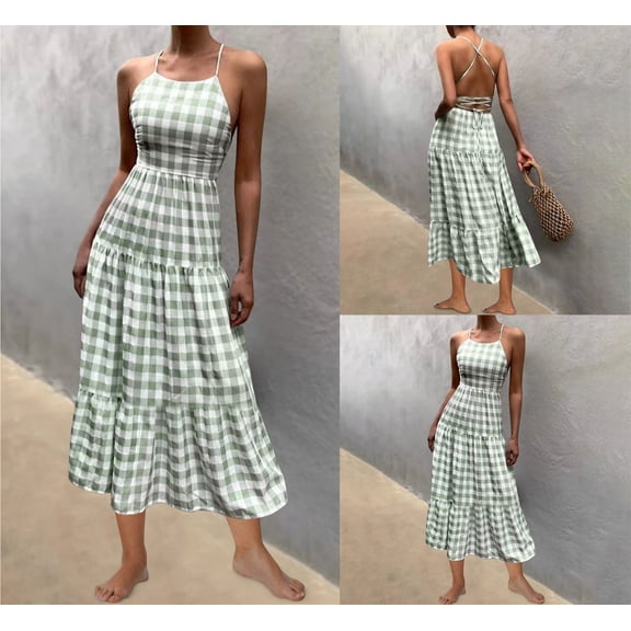 Antinious Summer Dresses for Women,Beach Dresses for Women,Womens Green And White Checkered Backless Camisole Vacation Style Long Dress,Green,L