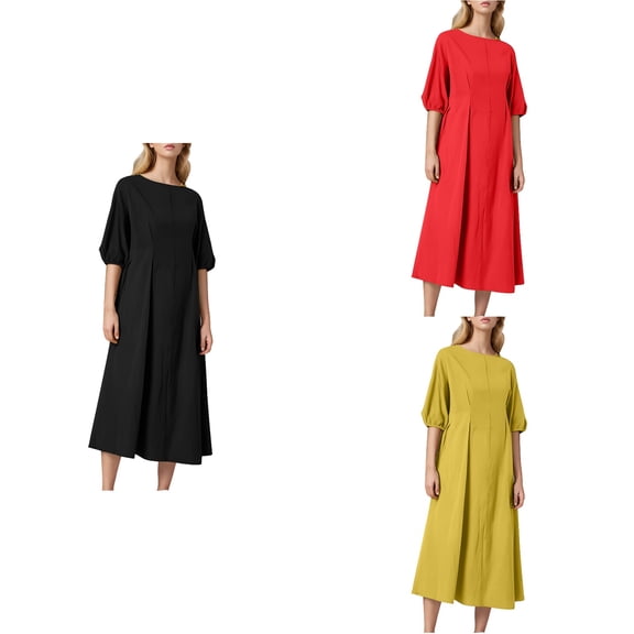 Antinious Summer Dresses for Women,Beach Dresses for Women,Womens V-Neck Solid And Linen Casual Pocket Long Sleeved Dress,Black,S