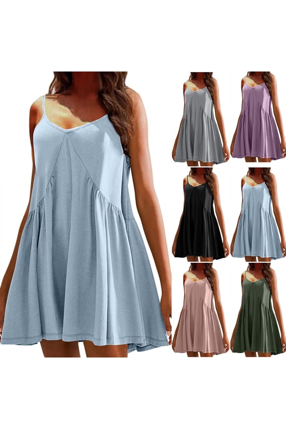 Mini Dresses for Women Solid Silm Camis Sleeveless V-Neck Beach Dress,Gray,M