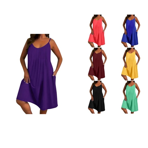 Antinious Summer Dresses for Women,Plus Size Beach Dresses for Curvy Women Solid Casual Loose Camis Sleeveless Round Neck Dress,Blue,XXXXL
