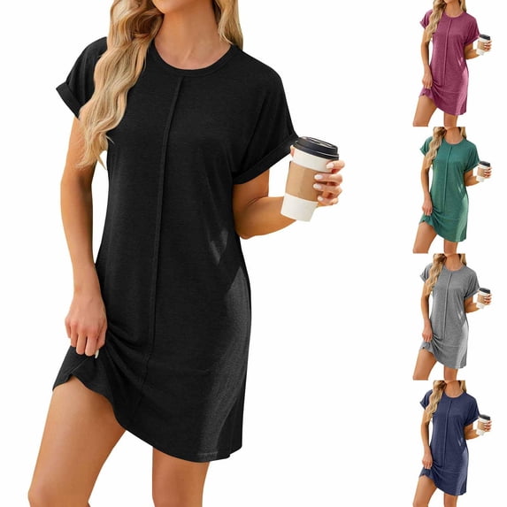 Antinious Summer Dresses for Women,Womens Dresses for Party,Mini Dresses for Women Loose Round Neck Solid Short Sleeve Casual Beach Dress,Hot Pink,XL