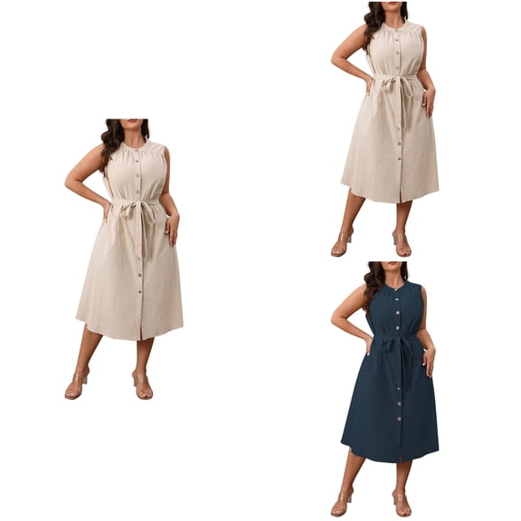 Antinious Summer Dresses for Women,Womens Dresses for Party,Plus Size Dresses for Curvy Women Solid Button Sleeveless Round Neck Beach Dress,White,XL