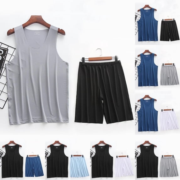 Antinious Men Summer Outfits,Track Suits for Men Casual Solid Sleeveless V-Neck High Elasticity Sports Camisole Set,Dark Blue,XXL