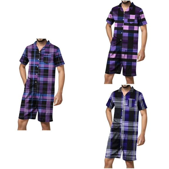 Antinious Summer Sleepwear Outfits for Men,Mens Loungewear Set,Mens Pajamas Set Casual Collared Button Checkered Print Short Sleeve Shorts Elastic Waist Pants Set,Purple,S