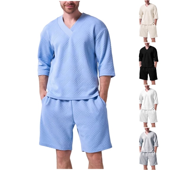 Antinious Summer Sleepwear Outfits for Men,Mens Loungewear Set,Summer Outfits for Men Casual Fashion Solid Short Sleeved Lapel Drawstring Elastic Waist Set,White,M
