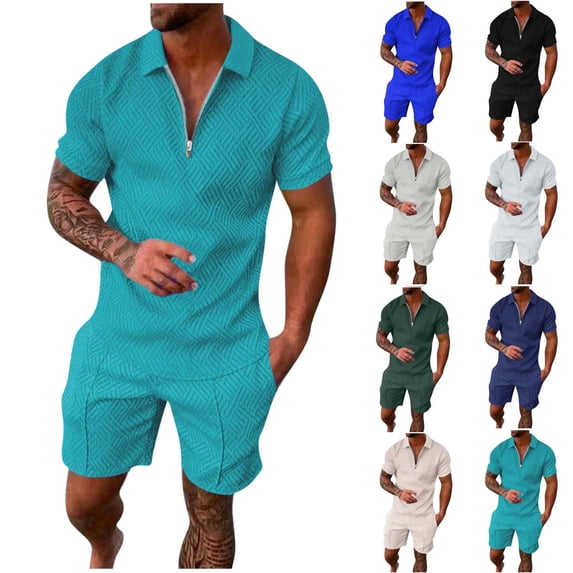 Antinious Summer Sleepwear Outfits for Men,Mens Loungewear Set,Casual Outfits for Men Short Sleeved Shorts Lapel Solid Casual Outfits,Blue,XXXL