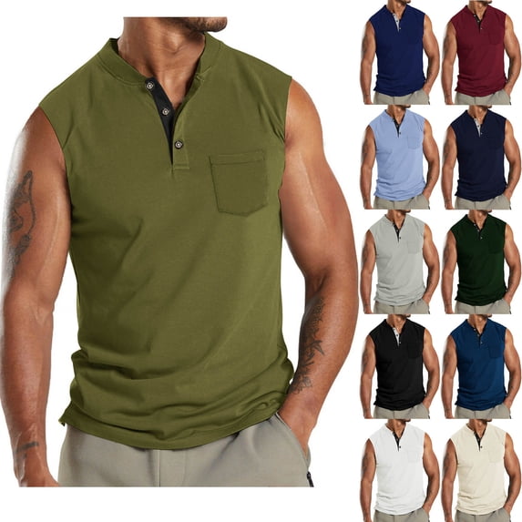 Antinious Men Casual Solid Button Pocket Round Neck Sleeveless Tank Tops