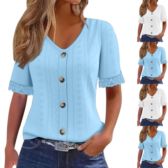 Antinious Summer Tops for Women Trendy,Sweatshirt for Women,Ladies Solid T-shirt V-Neck Button Lace Patchwork Top Short Sleeve V-Neck Top/shirt,Sky Blue,XXL