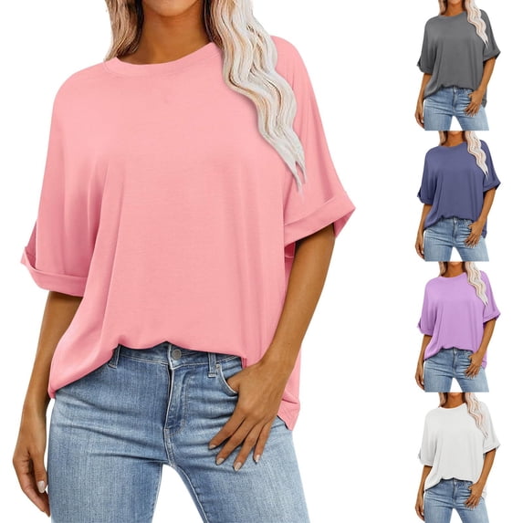 Antinious Summer Tops for Women Trendy,Sweatshirt for Women,Ladies Casual Crewneck Short Sleeve Solid Loose Short Loose T-shirt,White,XXL