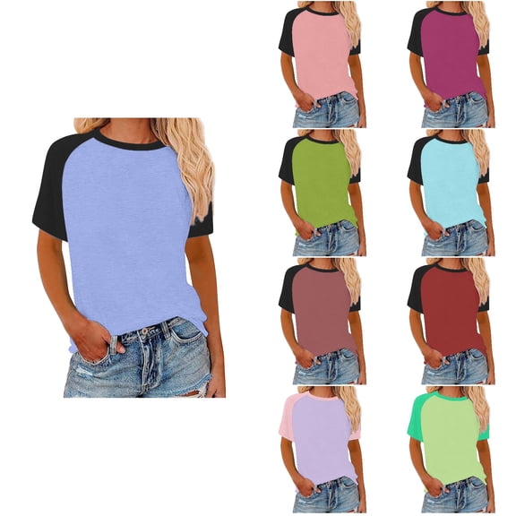 Antinious Summer Tops for Women Trendy,Sweatshirt for Women,Ladies Contrasting Solid Short Sleeved Crewneck Pullover Workout Tops,Wine,M