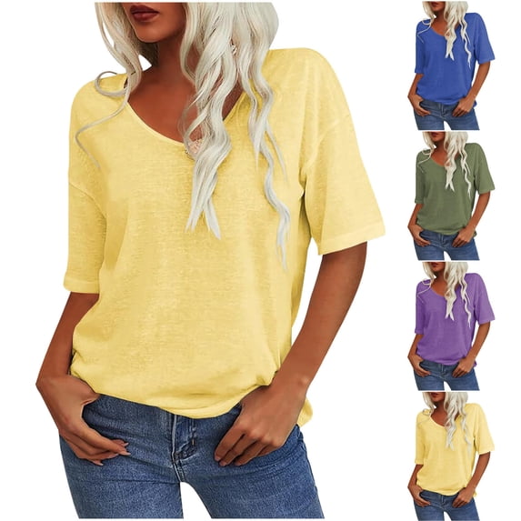 Antinious Summer Tops for Women Trendy,Sweatshirt for Women,Ladies Crewneck Short Sleeved Shirt Casual Solid Basic Top,Purple,XL