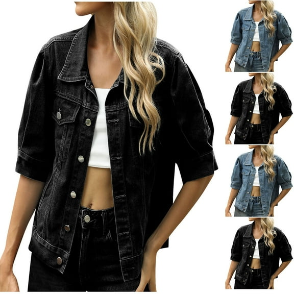 Antinious Summer Tops for Women Trendy,Sweatshirt for Women,Ladies Fashion Casual Short Sleeve Lapel Pockets Loose Wash Denim Coat,Black,M