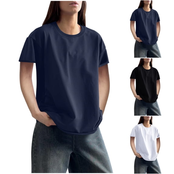 Antinious Summer Tops for Women Trendy,Sweatshirt for Women,Ladies Fashionable Solid Loose Casual Crewneck Short Sleeved Shirt,Navy,S