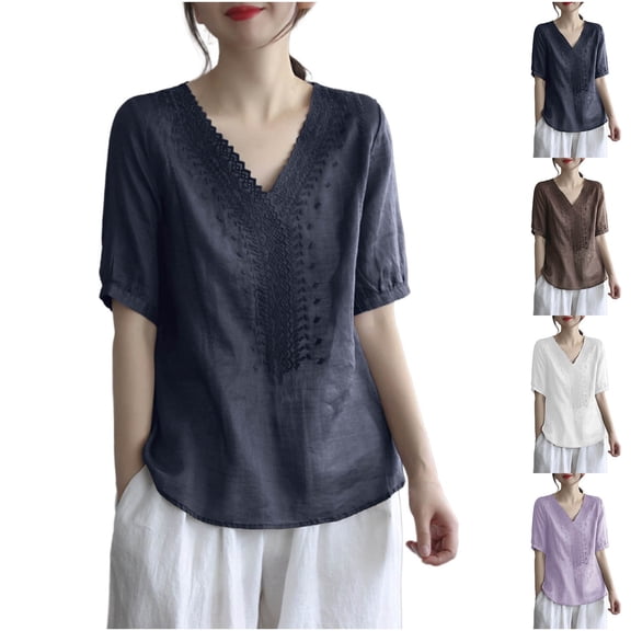 Antinious Summer Tops for Women Trendy,Sweatshirt for Women,Ladies Short Sleeve Solid V-Neck Embroidered Casual Top T-shirt,Blue,L