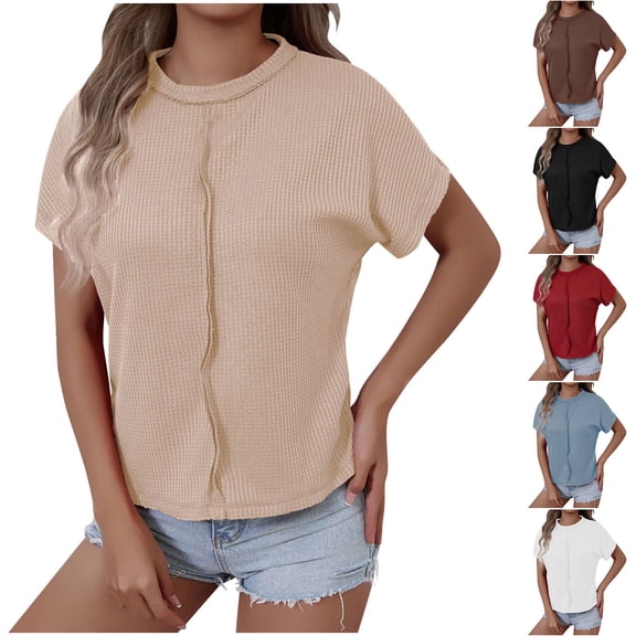 Antinious Summer Tops for Women Trendy,Sweatshirt for Women,Ladies Solid Crewneck Short Sleeved T-shirt,Beige,M