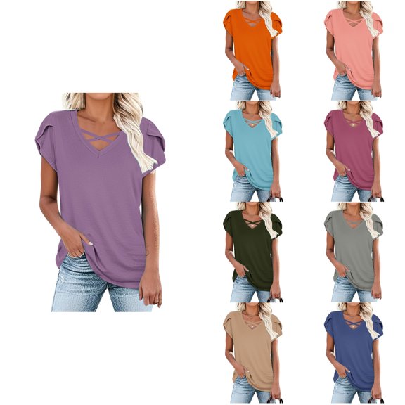 Antinious Summer Tops for Women Trendy,Sweatshirt for Women,Ladies Solid Loose Casual Short Sleeve Loose V Neck T Shirts,Army Green,M