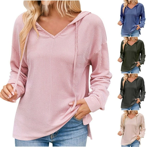 Antinious Sweatshirt for Women Long Sleeve V Neck Hooded Solid Wavy Stripe Knitted Tops,Winter Sweatshirt for Women,Going Out Tops for Women,Khaki,XL