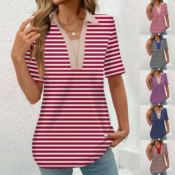 Antinious Sweatshirt for Women,Tops for Women Trendy,Fashion Ladies Striped Printed Blouses Short Sleeved T-Shirt Turndown Collar Top,Watermelon Red,L