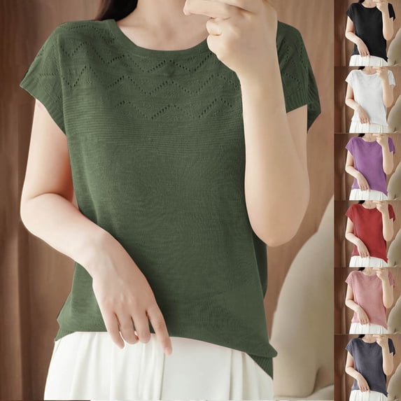 Antinious Sweatshirt for Women,Tops for Women Trendy,Fashion Ladies Casual Solid Knit Short Sleeve Crewneck Blouses Shirts,Purple,M