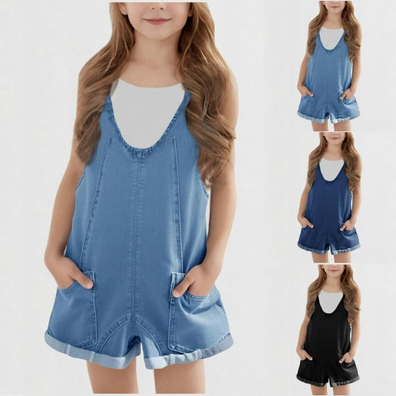 Antinious Toddler Boys Girls Solid Denim Round Neck Pocket Adjustable Strap Short Jumpsuit