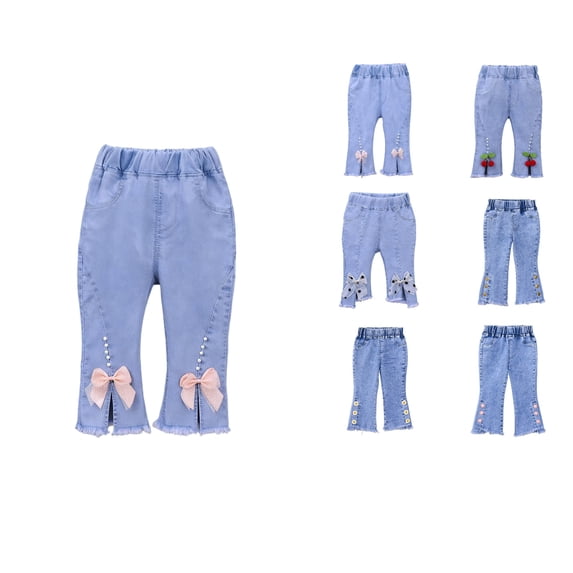 Antinious Toddler Girls Bow Pearl Solid Split Hem Flared Elastic Capris Jeans