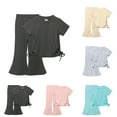 thumbnail image 1 of Antinious Toddler Girls Solid Short Sleeve Round Neck Flared Long Pants Elegant Versatile Casual Outfits, 1 of 5