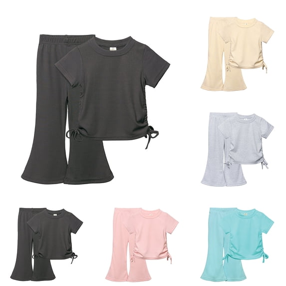 Antinious Toddler Girls Solid Short Sleeve Round Neck Flared Long Pants Elegant Versatile Casual Outfits