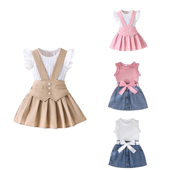 Antinious Toddler Girls Loungewear Set Solid Overalls Dress with Ruffle Sleeve Tops Summer Casual