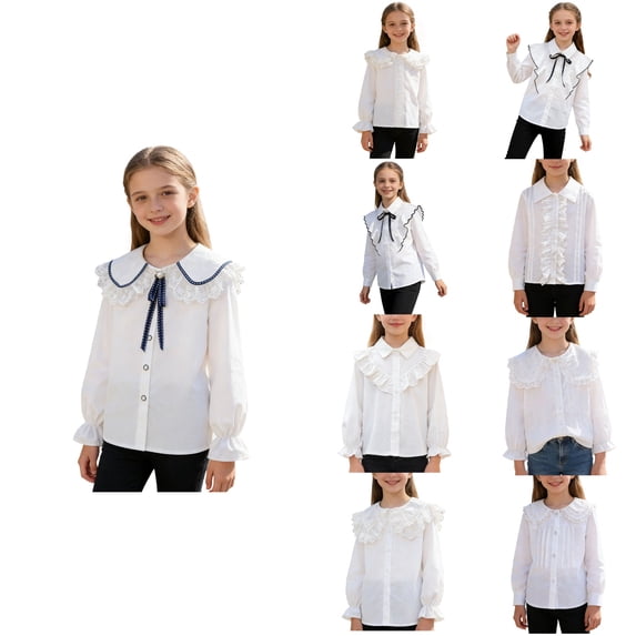 Antinious Toddler Girls Ruffle Collared Long Sleeve School Uniform Casual Tops