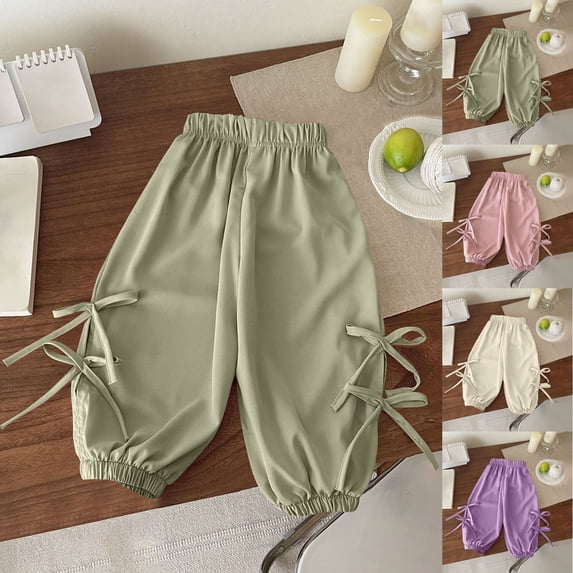 Antinious Toddler Girls Solid Bow Shape Elastic Waist Running Full Length Pants 5-6Y