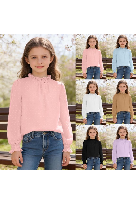 Toddler Girls Solid Collared Long Sleeve School Uniform Ruffle Cuff Casual Tops