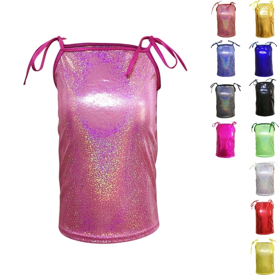 Antinious Child Girls Shiny Texture Spaghetti Straps Sequin Sleeveless Round Neck Camisoles