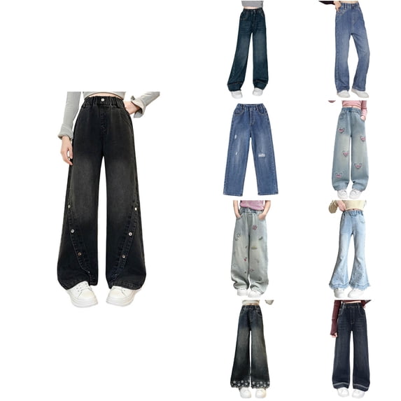 Antinious Toddler Girls Straight Leg Jeans Elastic Waist Pocket Wide Leg Denim Full Length Pants