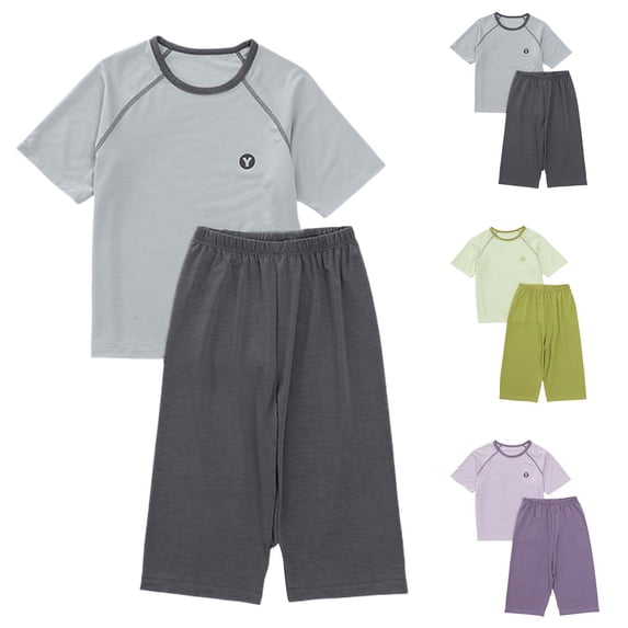 Antinious Boys Girls Casual 2 Piece Summer Outfit Loose Round Neck Short Sleeve Solid Capris