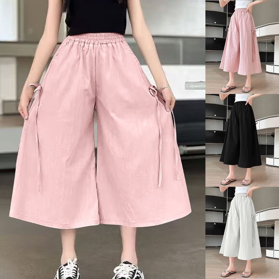 Antinious Toddler Ice Silk Elastic Waist Wide Leg Adjustable Bow Drawstring Pocket Loose Capris 6-7Y