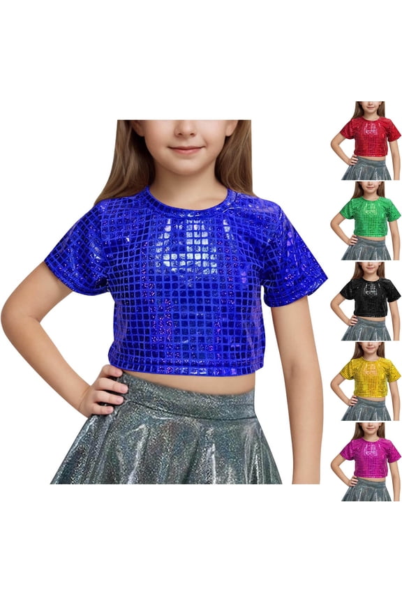 Toddler Short Sleeve Performance Exposed Waist Navel Round Neck Elastic Crop Tops,Gold,160