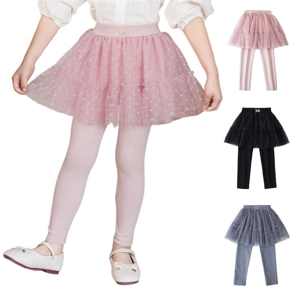 Antinious Toddler Solid Print Mesh Skirt Fake 2 Piece Full Length Pants Leggings