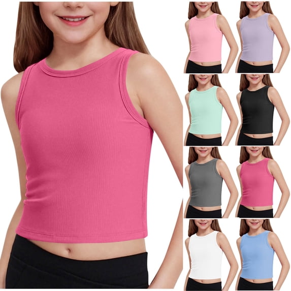 Antinious Children Girls Basic Tank Tops Round Neck Ribbed Solid Casual Stylish