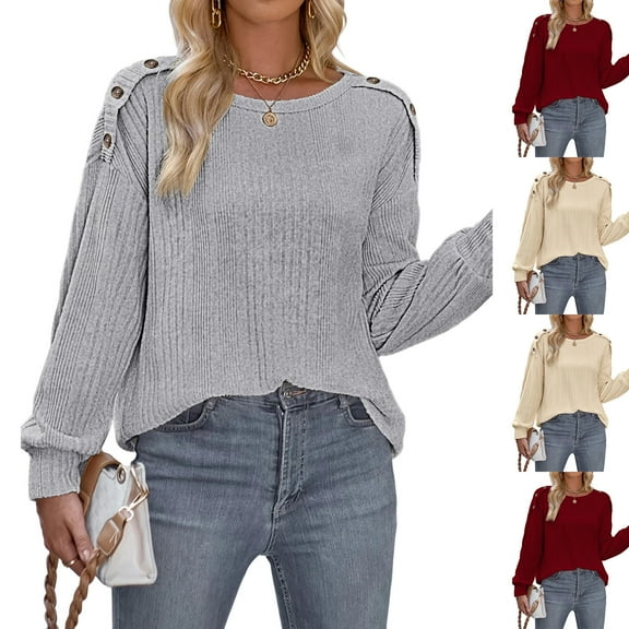 Antinious Tops for Women Trendy Casual Solid Warm Long Sleeve Crew Neck Knit Shirts,Winter Sweatshirt for Women,Going Out Tops for Women,Red,M