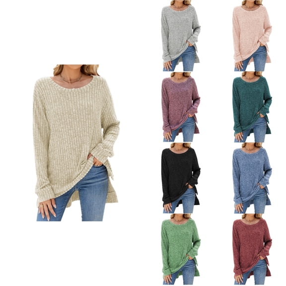 Antinious Tops for Women Trendy Crew Neck Solid Long Sleeve Ribbed Fleece Split Sweater,Sweatshirt for Women,Going Out Tops for Women,Blue,M