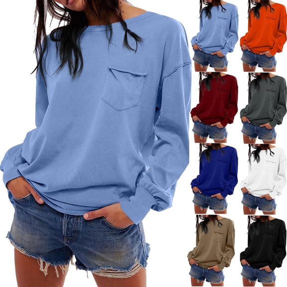 Antinious Tops for Women Trendy Long Sleeve Crewneck Solid Asymmetrical Hem Pocket Shirts,Winter Sweatshirt for Women,Going Out Tops for Women,Blue,XXL