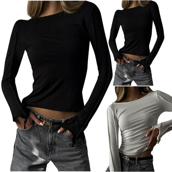Antinious Tops for Women Trendy Long Sleeve Crewneck Solid Fitted Casual Tops Tee Slim Basic Shirts,Winter Sweatshirt for Women,Going Out Tops for Women,Black,S