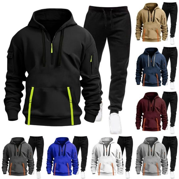 Antinious Warm Hooded Sweatshirts Set for Men,Track Suits for Men Set,Winter Outfits for Men Solid Long Sleeve Hooded Casual Outwear & Jackets Elastic Waist Trousers Outfits,White,L