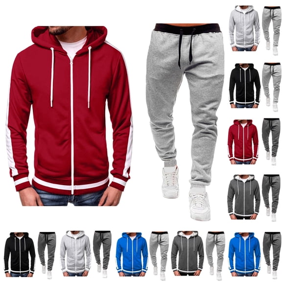 Antinious Warm Hooded Sweatshirts Set for Men,Track Suits for Men Set,Winter Outfits for Men Solid Long Sleeve Hooded Casual Outwear Jackets Set,Black,M