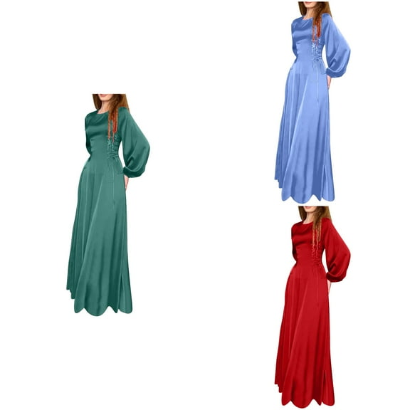 Antinious Wedding Guest Dress Solid Neck Long Sleeve Drawstring Waist Puff Sleeve Banquet Long Dress,Birthday Dresses for Women,Women Party Dress,Light Blue,S