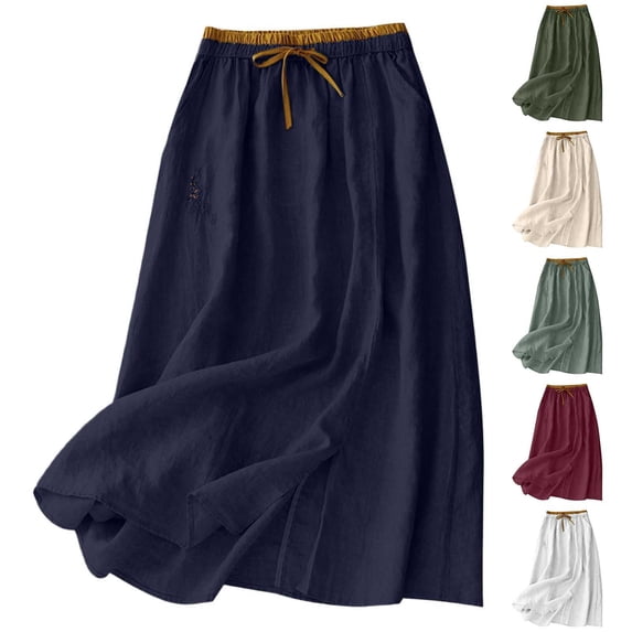 Antinious Women Solid Elastic Waist Embroidery Loose Classic Versatile Mid-Calf Skirts