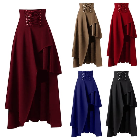 Antinious Women Gothic Vintage Irregular Adjustable Classic Solid Long Skirts