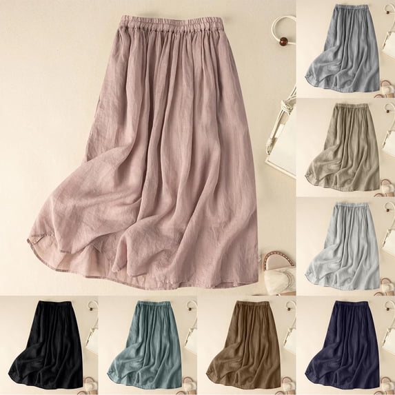 Antinious Women Solid Elastic Waist Multi Pocket Loose Versatile Mid-Calf Skirts