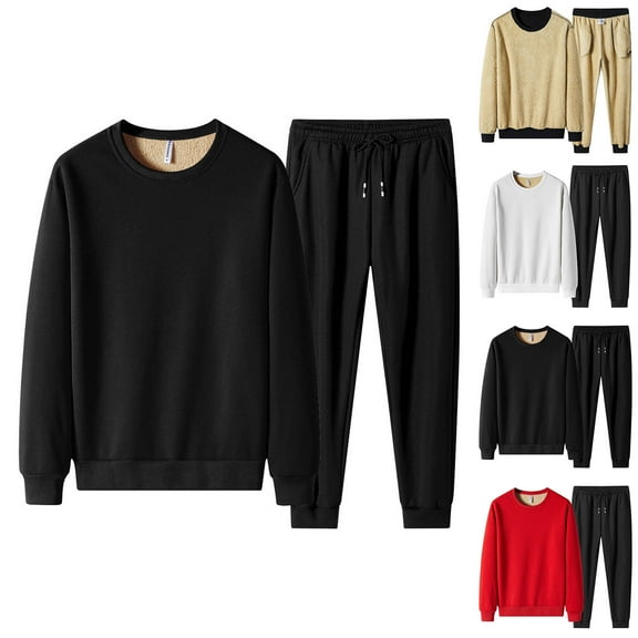 Antinious Winter Sleepwear Outfits for Men,Mens Loungewear Set,Mens Flannel Pajamas Set Solid Casual Long Sleeve Long Pants Warm Pullover Outfits,Black,XL